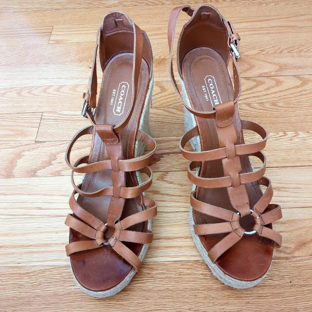 [SOLD] Coach Cognac Brown Leather Caged T-Strap Espadrille Wedge Strappy Sandals - Picture 15 of 16
